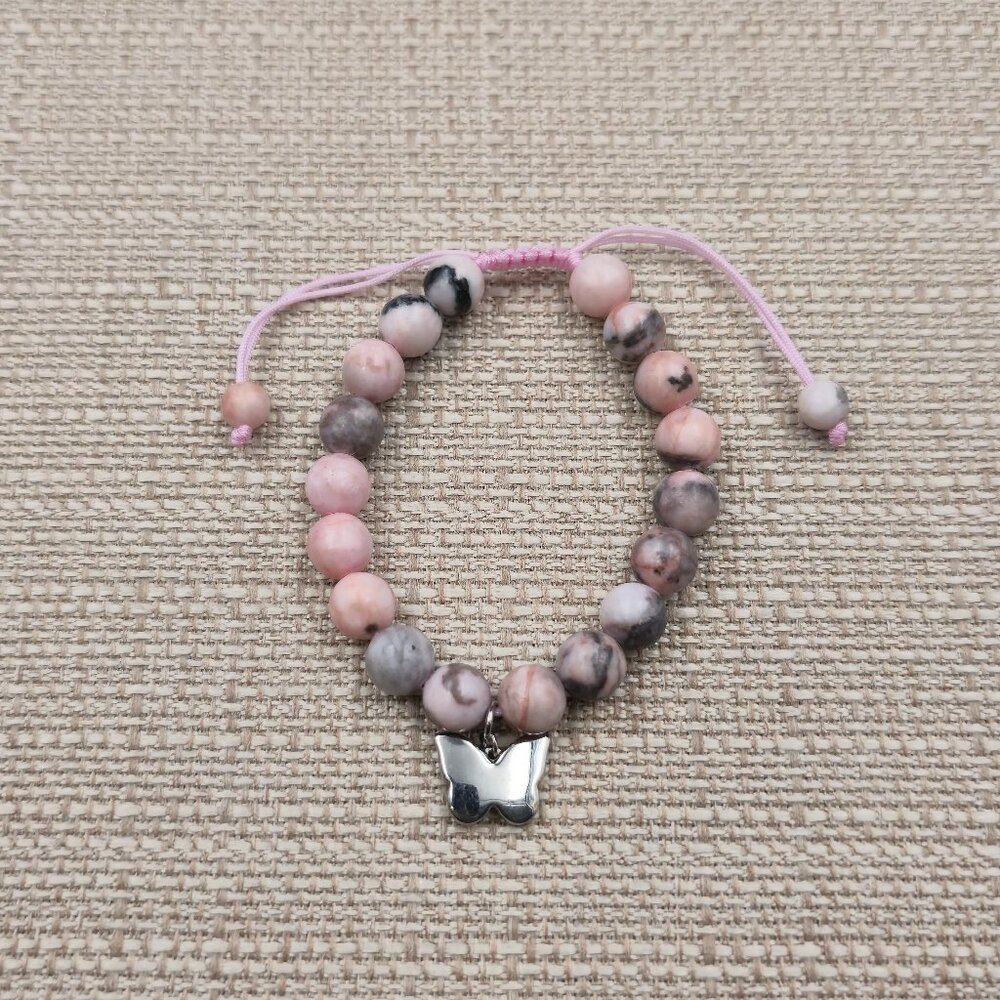 7 Inch Pink Zebra Jasper Butterfly Adjustable Bracelet B1121